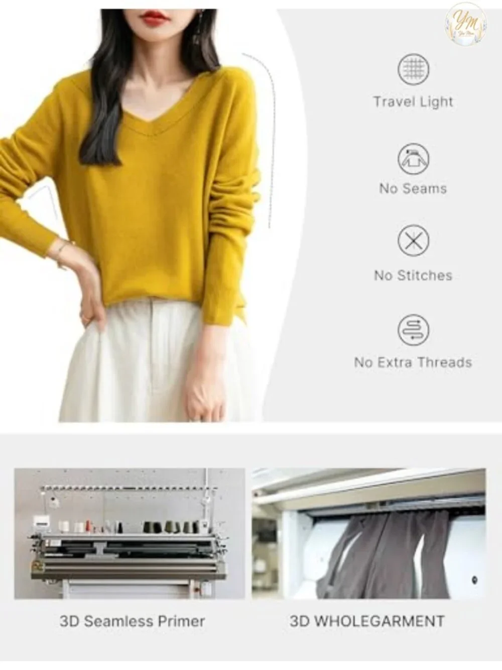 100% Merino Wool V-Neck Seamless Knit Sweater Long Sleeve Pullover